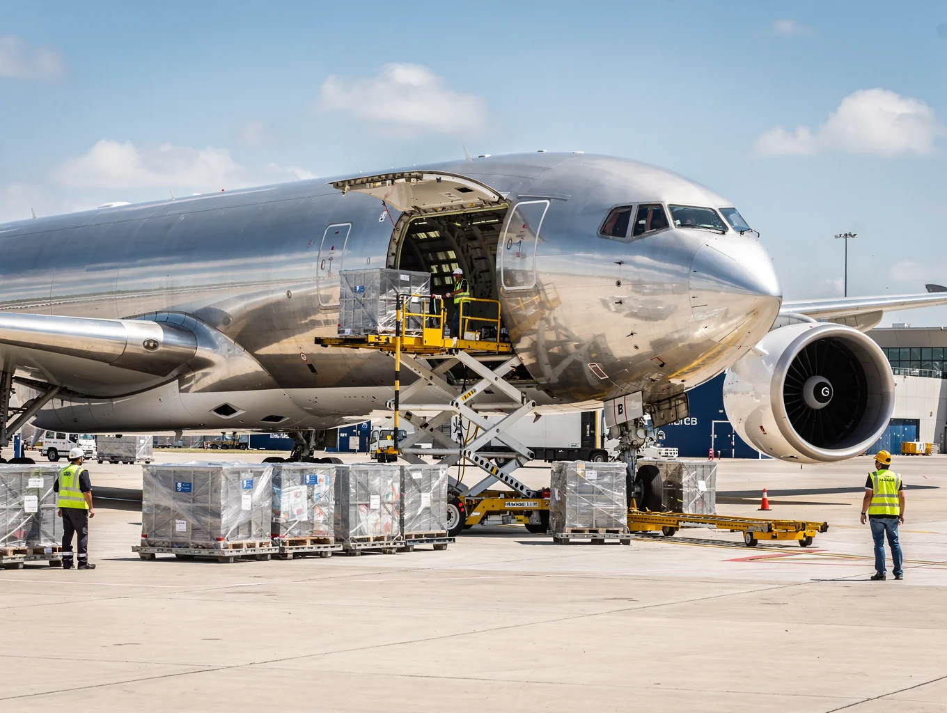 Widebody cargo aircraft on tarmac loading commercial air freight
