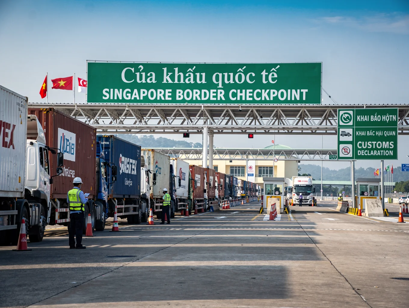 Intermodal bonded transport fleet lined up at cross-border logistics checkpoint